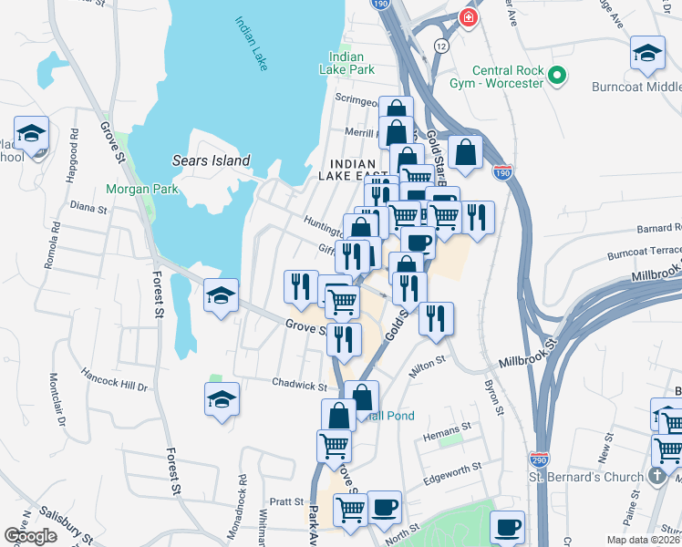 map of restaurants, bars, coffee shops, grocery stores, and more near 23 Gifford Drive in Worcester