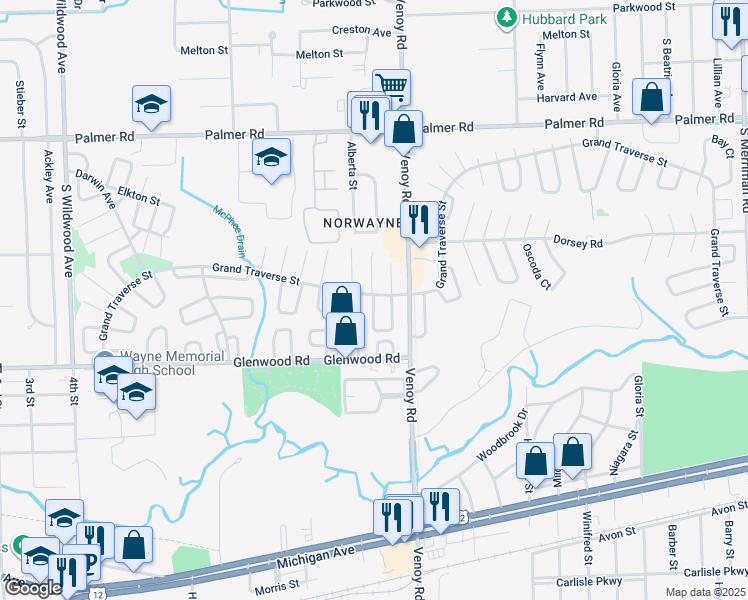 map of restaurants, bars, coffee shops, grocery stores, and more near 33055 Alanson Street in Westland