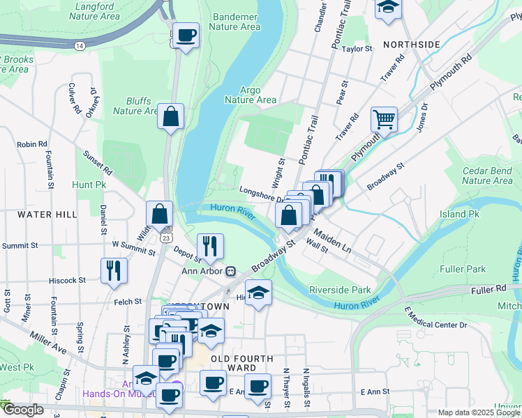 map of restaurants, bars, coffee shops, grocery stores, and more near 412 Longshore Drive in Ann Arbor
