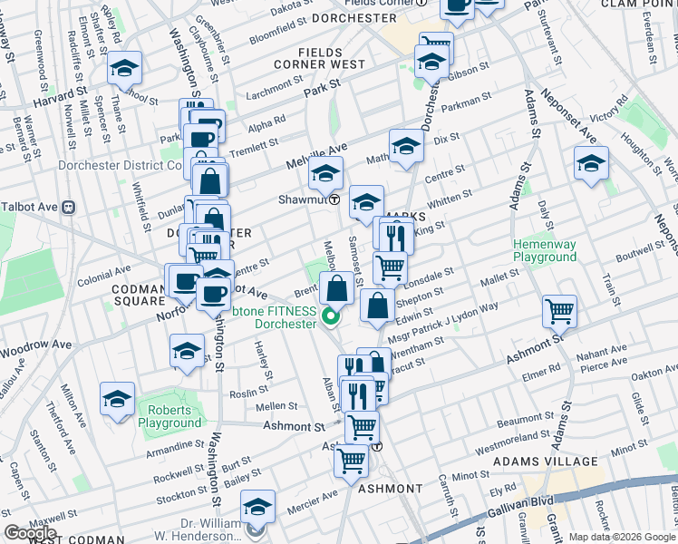 map of restaurants, bars, coffee shops, grocery stores, and more near 24 Melbourne Street in Boston