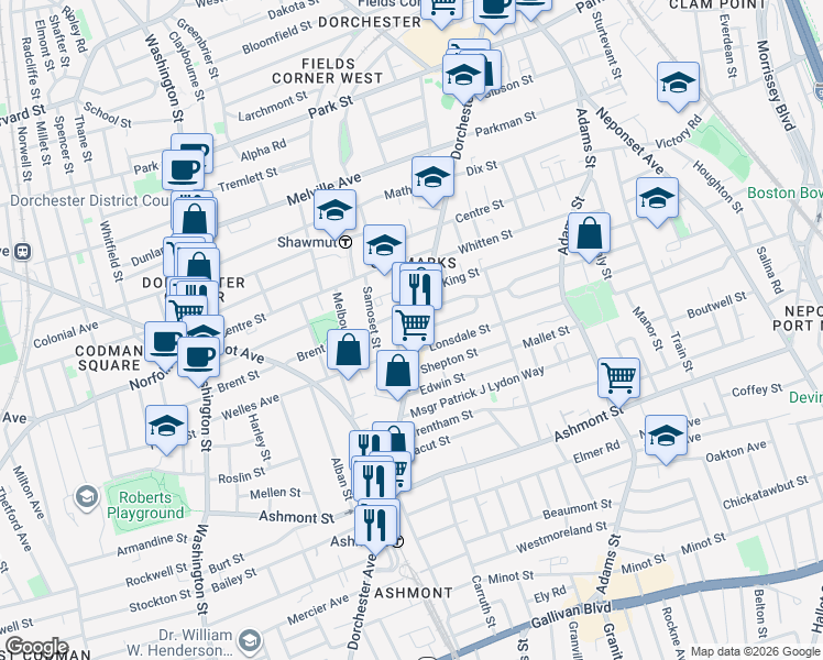 map of restaurants, bars, coffee shops, grocery stores, and more near 1726 Dorchester Avenue in Boston