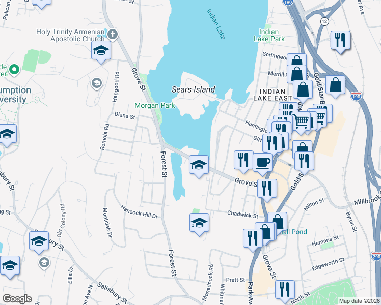map of restaurants, bars, coffee shops, grocery stores, and more near 540 Grove Street in Worcester