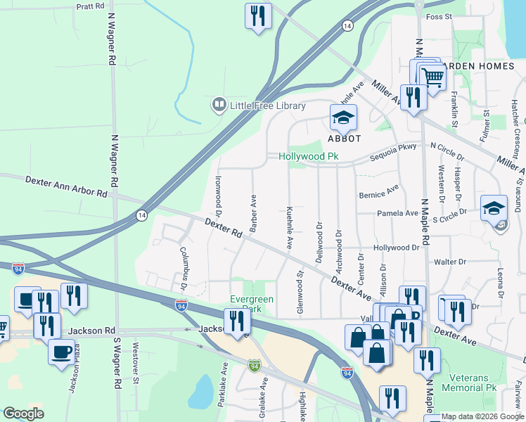 map of restaurants, bars, coffee shops, grocery stores, and more near 657 Kuehnle Avenue in Ann Arbor