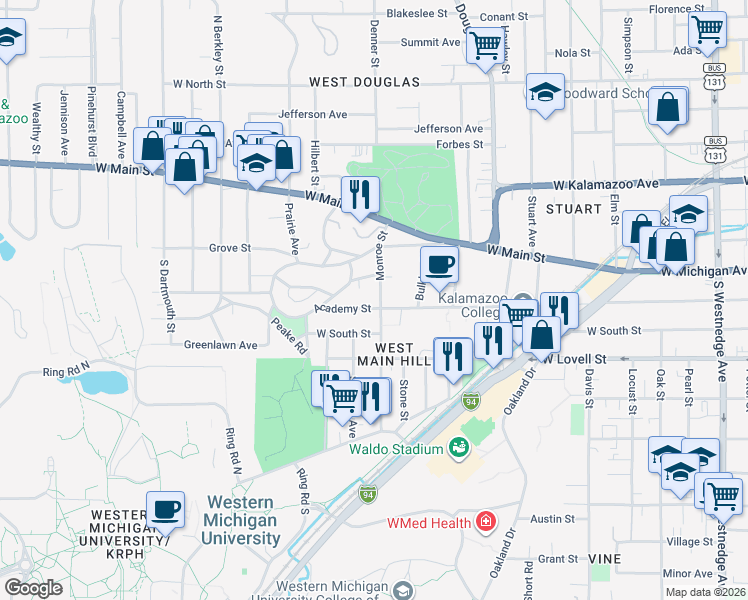 map of restaurants, bars, coffee shops, grocery stores, and more near 1415 Henderson Drive in Kalamazoo