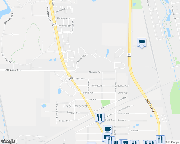 map of restaurants, bars, coffee shops, grocery stores, and more near Atkinson Road in Lake Bluff