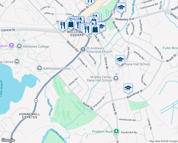 map of restaurants, bars, coffee shops, grocery stores, and more near 29 Cottage Street in Wellesley