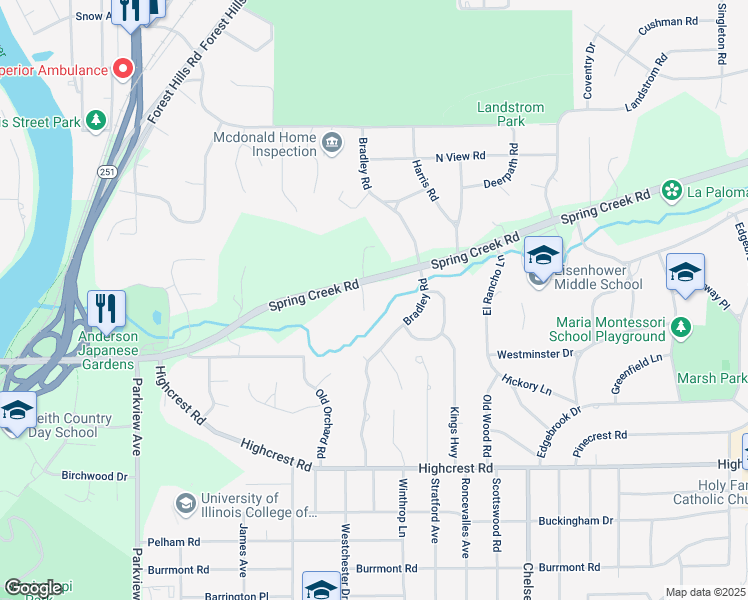 map of restaurants, bars, coffee shops, grocery stores, and more near 3111 Spring Creek Road in Rockford