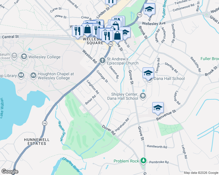 map of restaurants, bars, coffee shops, grocery stores, and more near 29 Cottage Street in Wellesley