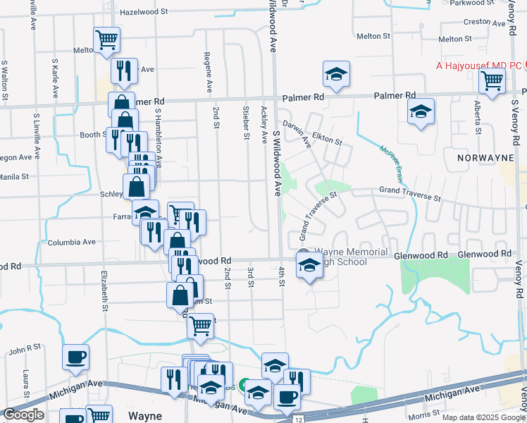 map of restaurants, bars, coffee shops, grocery stores, and more near 1959 Ackley Avenue in Westland