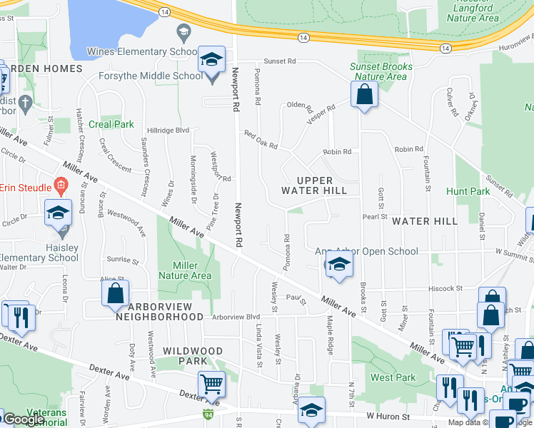 map of restaurants, bars, coffee shops, grocery stores, and more near 1029 Pomona Road in Ann Arbor