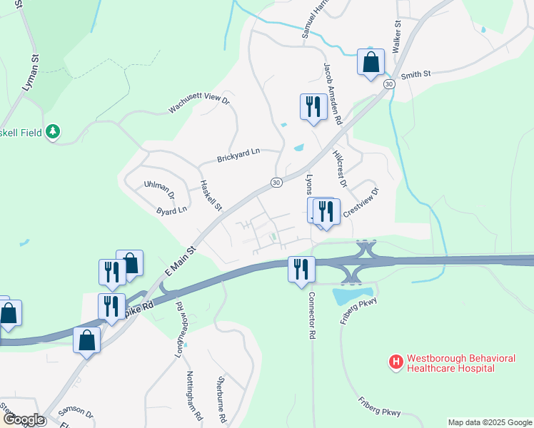 map of restaurants, bars, coffee shops, grocery stores, and more near 803 Windsor Ridge Drive in Westborough