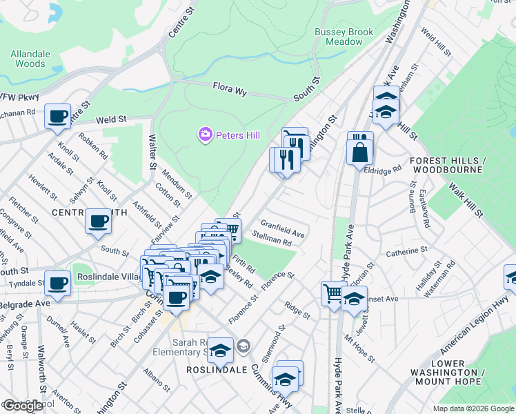 map of restaurants, bars, coffee shops, grocery stores, and more near 4073 Washington Street in Boston