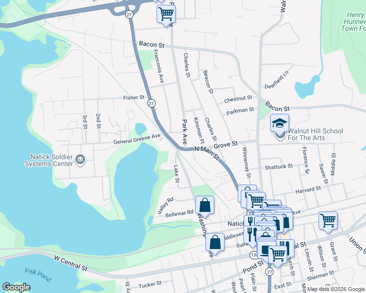 map of restaurants, bars, coffee shops, grocery stores, and more near 95 North Main Street in Natick