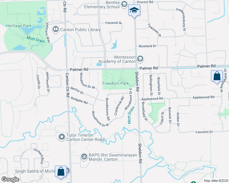 map of restaurants, bars, coffee shops, grocery stores, and more near 44604 Ridgefield Road in Canton