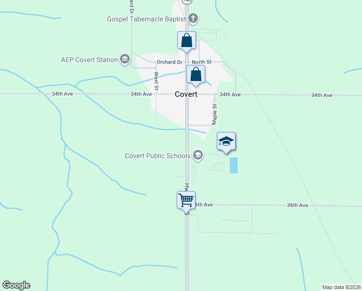 map of restaurants, bars, coffee shops, grocery stores, and more near 34800 Michigan 140 in Covert