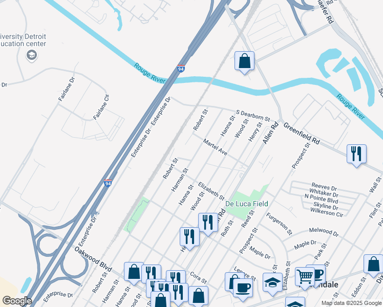 map of restaurants, bars, coffee shops, grocery stores, and more near 17375 Harman Street in Melvindale
