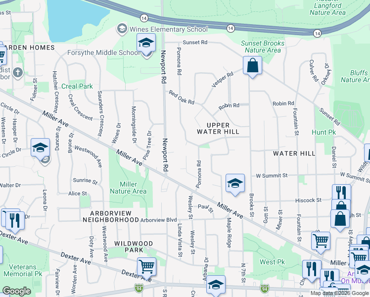 map of restaurants, bars, coffee shops, grocery stores, and more near 1029 Pomona Road in Ann Arbor