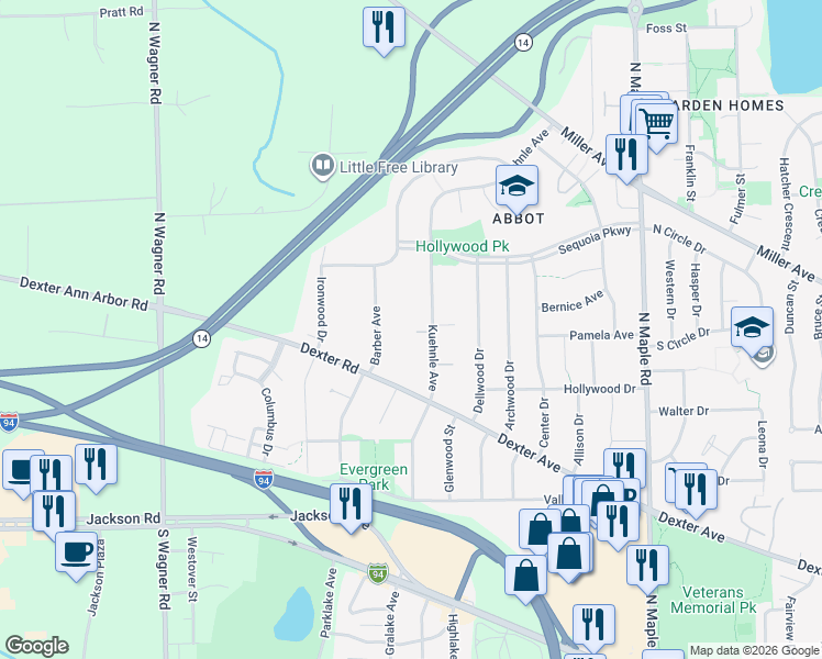 map of restaurants, bars, coffee shops, grocery stores, and more near 657 Kuehnle Avenue in Ann Arbor