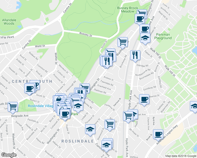 map of restaurants, bars, coffee shops, grocery stores, and more near Washington St & Fawndale Rd in Boston