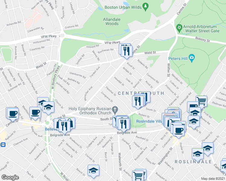 map of restaurants, bars, coffee shops, grocery stores, and more near 97 Fletcher Street in Boston