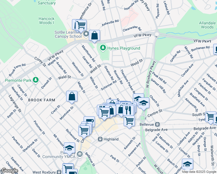 map of restaurants, bars, coffee shops, grocery stores, and more near 111 Manthorne Road in Boston