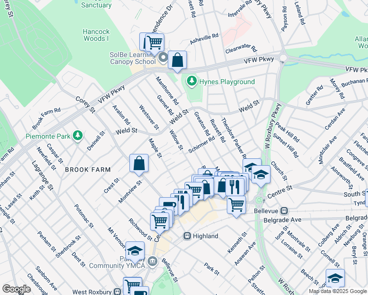 map of restaurants, bars, coffee shops, grocery stores, and more near 126 Redlands Road in Boston
