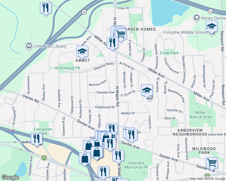 map of restaurants, bars, coffee shops, grocery stores, and more near 1025 North Maple Road in Ann Arbor