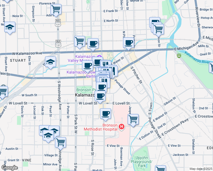 map of restaurants, bars, coffee shops, grocery stores, and more near 143 Farmers Alley in Kalamazoo