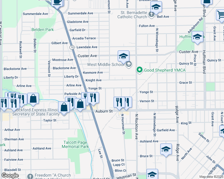 map of restaurants, bars, coffee shops, grocery stores, and more near 1630 Evergreen Street in Rockford