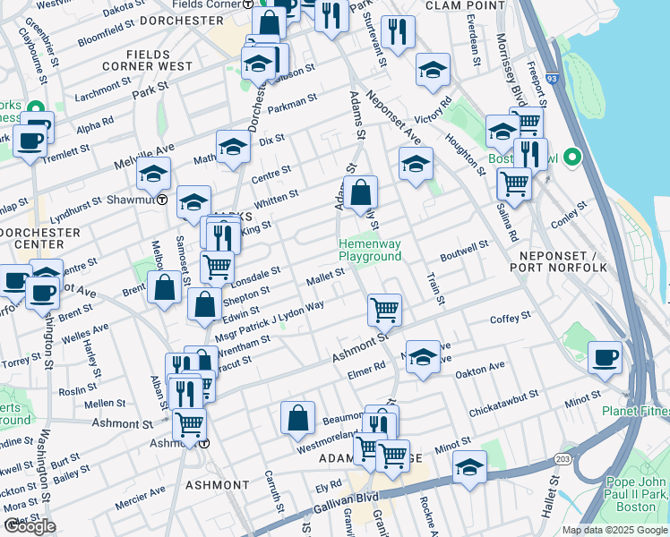map of restaurants, bars, coffee shops, grocery stores, and more near 107 Lonsdale Street in Boston
