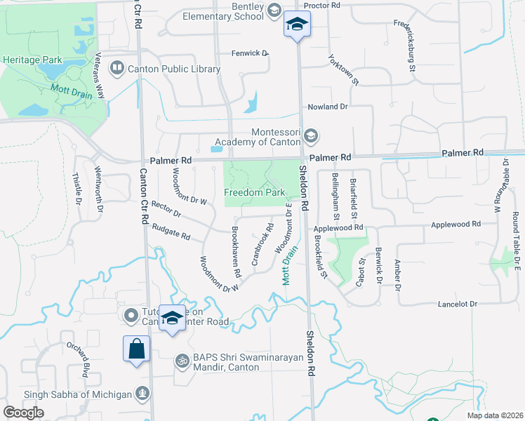 map of restaurants, bars, coffee shops, grocery stores, and more near 44604 Ridgefield Road in Canton