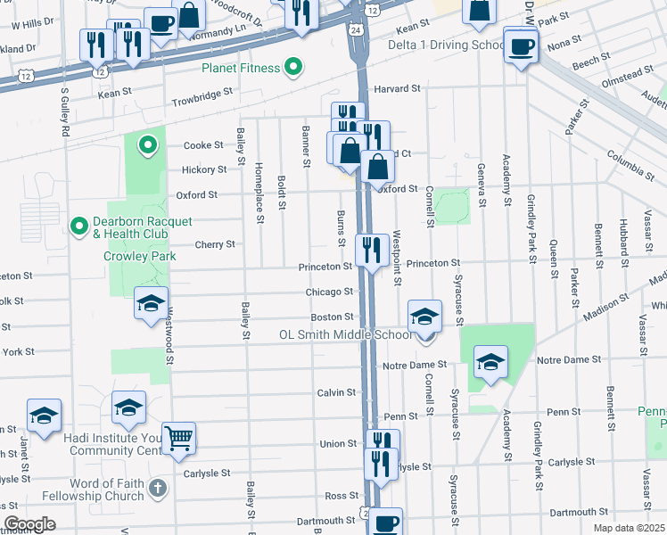 map of restaurants, bars, coffee shops, grocery stores, and more near 24131 Princeton Street in Dearborn