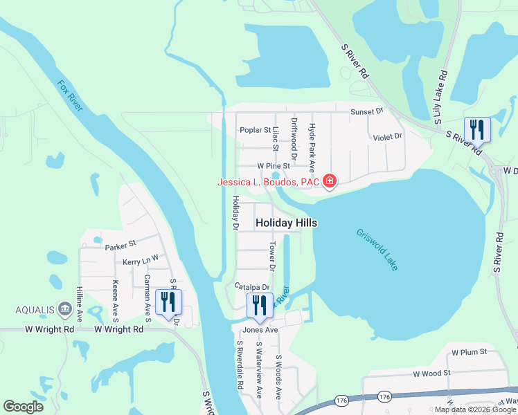 map of restaurants, bars, coffee shops, grocery stores, and more near 1507 Cedar Street West in Holiday Hills