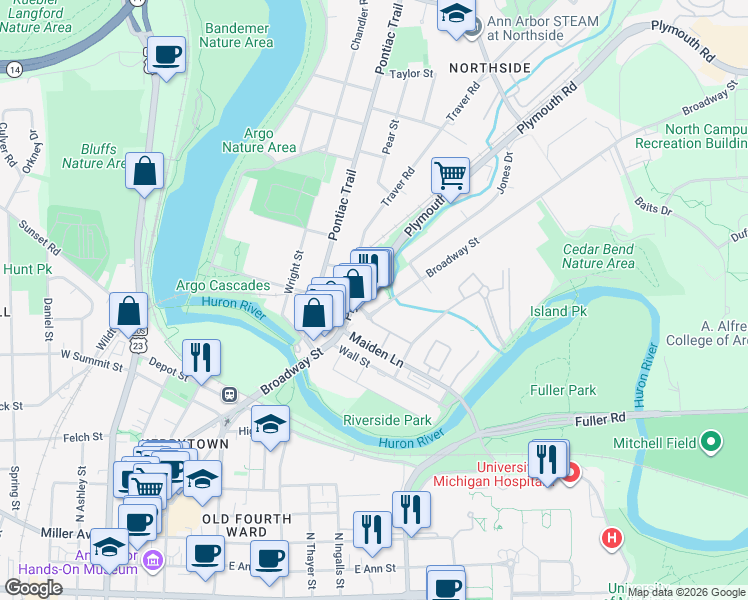 map of restaurants, bars, coffee shops, grocery stores, and more near 1141 Broadway Street in Ann Arbor