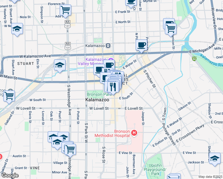 map of restaurants, bars, coffee shops, grocery stores, and more near 125 West Exchange Place in Kalamazoo