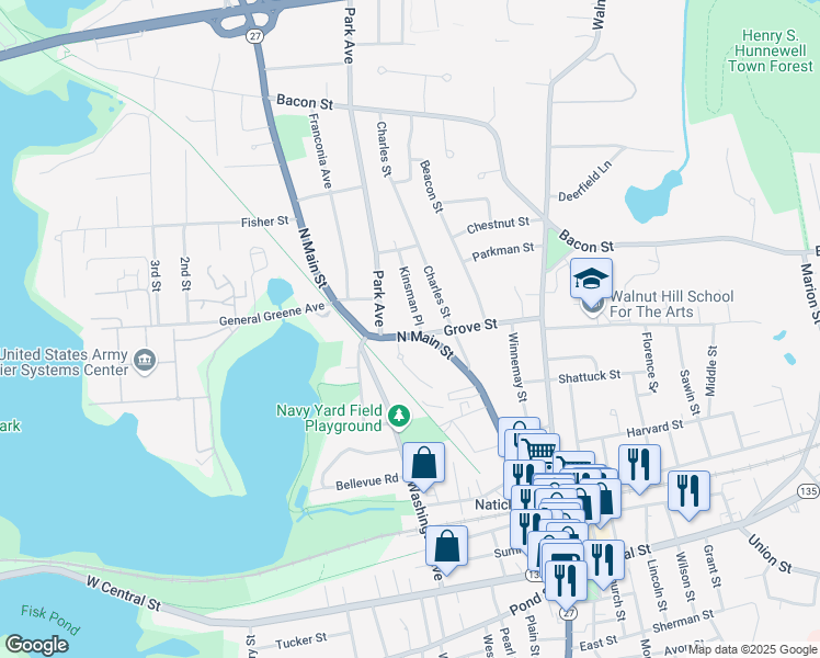 map of restaurants, bars, coffee shops, grocery stores, and more near 85 North Main Street in Natick