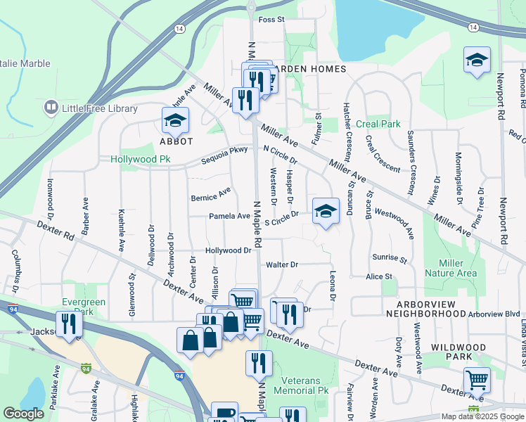 map of restaurants, bars, coffee shops, grocery stores, and more near 1025 North Maple Road in Ann Arbor