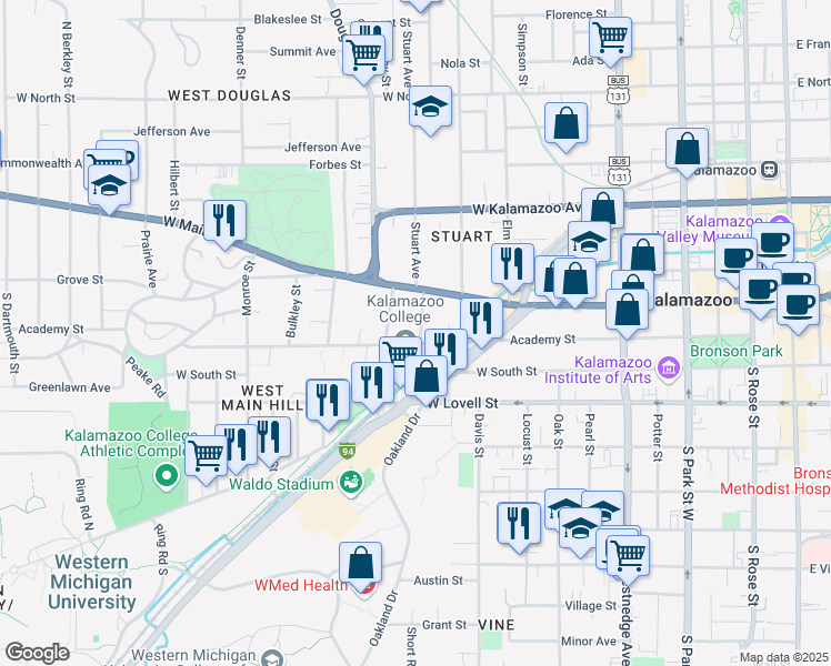 map of restaurants, bars, coffee shops, grocery stores, and more near 1010 Academy Street in Kalamazoo
