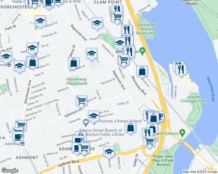 map of restaurants, bars, coffee shops, grocery stores, and more near 22 Laban Pratt Road in Boston