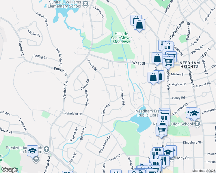 map of restaurants, bars, coffee shops, grocery stores, and more near 10 Damon Road in Needham