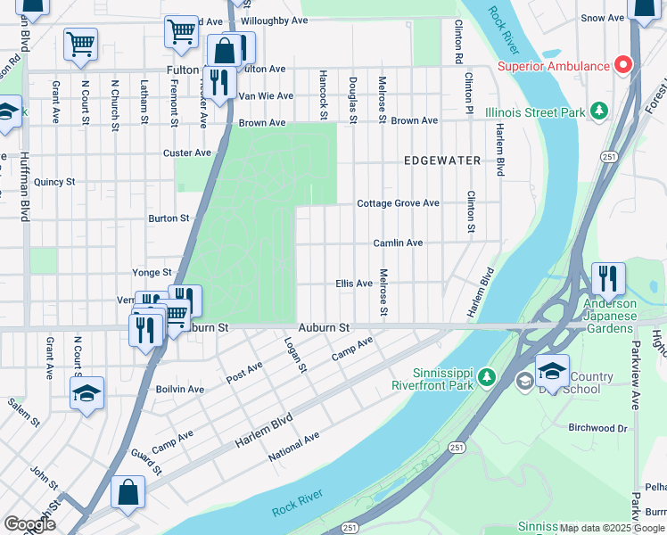 map of restaurants, bars, coffee shops, grocery stores, and more near 1828 Douglas Street in Rockford