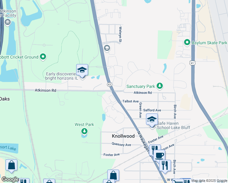 map of restaurants, bars, coffee shops, grocery stores, and more near N Waukegan Rd & Atkinson Rd in Lake