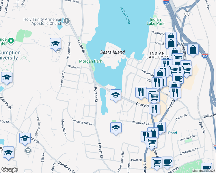 map of restaurants, bars, coffee shops, grocery stores, and more near 540 Grove Street in Worcester