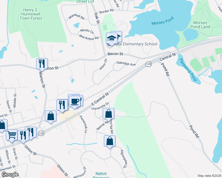 map of restaurants, bars, coffee shops, grocery stores, and more near 212 East Central Street in Natick