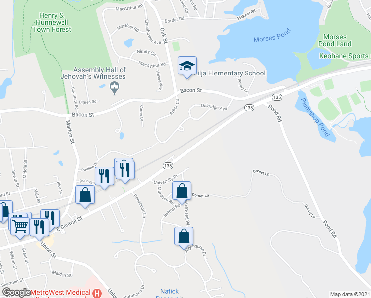 map of restaurants, bars, coffee shops, grocery stores, and more near 212 East Central Street in Natick