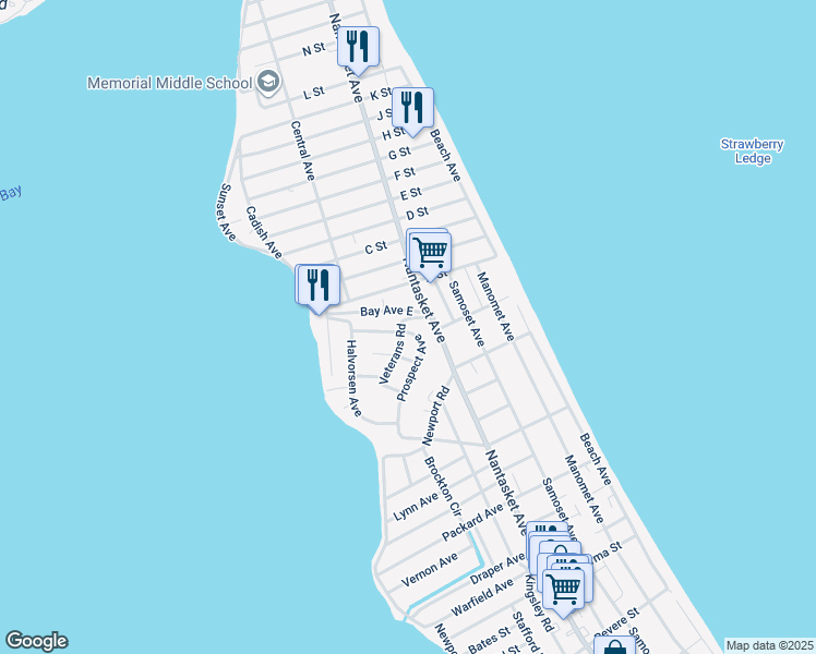 map of restaurants, bars, coffee shops, grocery stores, and more near 21 Prospect Avenue in Hull