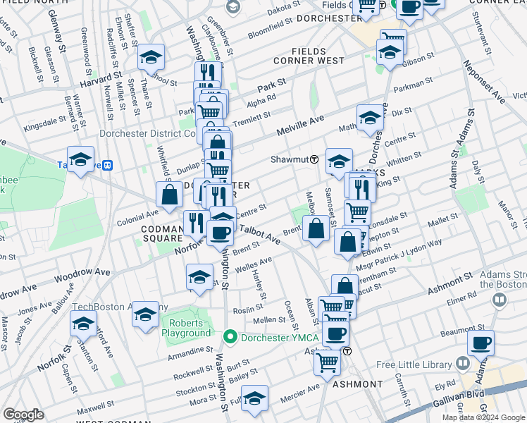 map of restaurants, bars, coffee shops, grocery stores, and more near 67 Centre Street in Boston