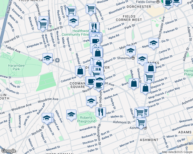 map of restaurants, bars, coffee shops, grocery stores, and more near 580-592 Washington Street in Boston