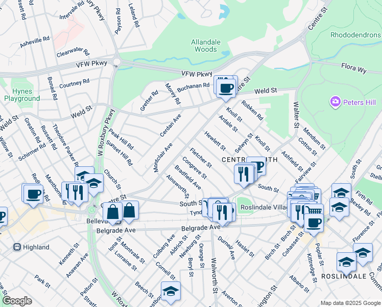 map of restaurants, bars, coffee shops, grocery stores, and more near 97 Fletcher Street in Boston