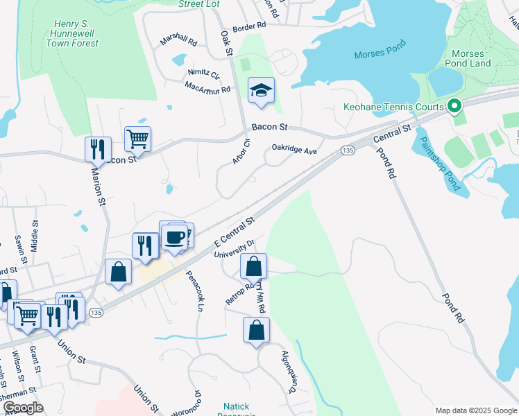 map of restaurants, bars, coffee shops, grocery stores, and more near 212 East Central Street in Natick